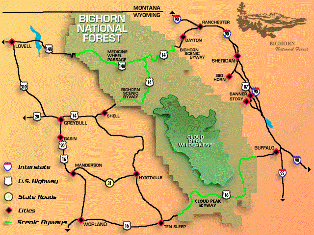 Map of Bighorn National Forest for easy hikes in Wyoming